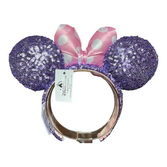 😎 Disney Parks Minnie Mouse Purple Sequin Ears Pink Puffy Polka Dot Bow NWT 3 - Picture 3 of 5